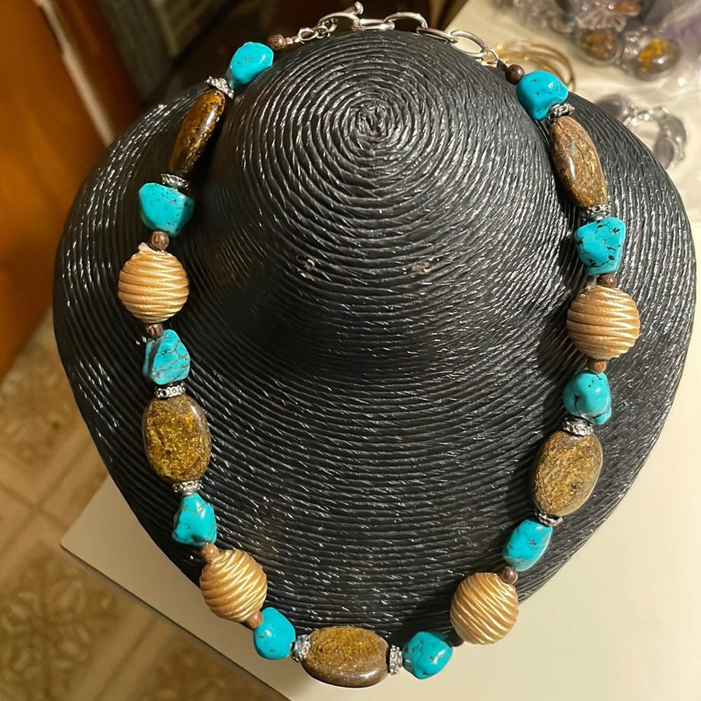 Costume necklace with blue,Brown Stone unmarked 18 inches long